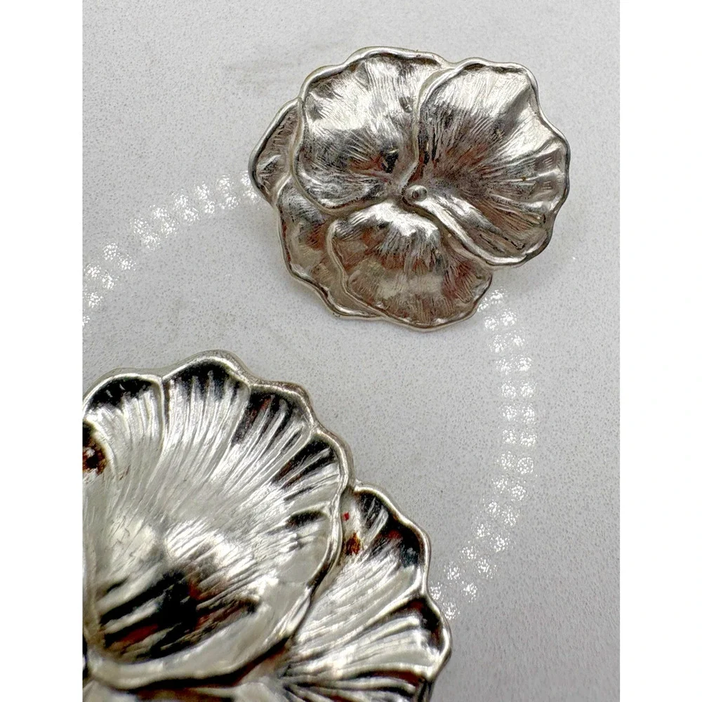 Set Earrings Brooch Pin Vintage Sterling Silver Repousse Pansy Flowers 14.26g
